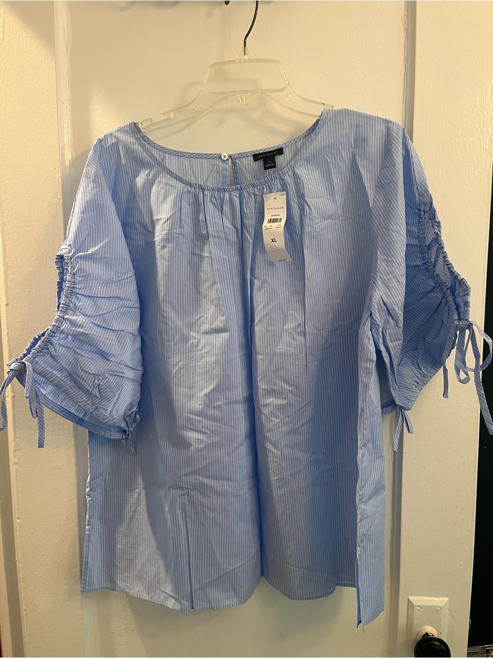 Ann Taylor Light Blue Pinstripe Blouse with Tie Sleeves
